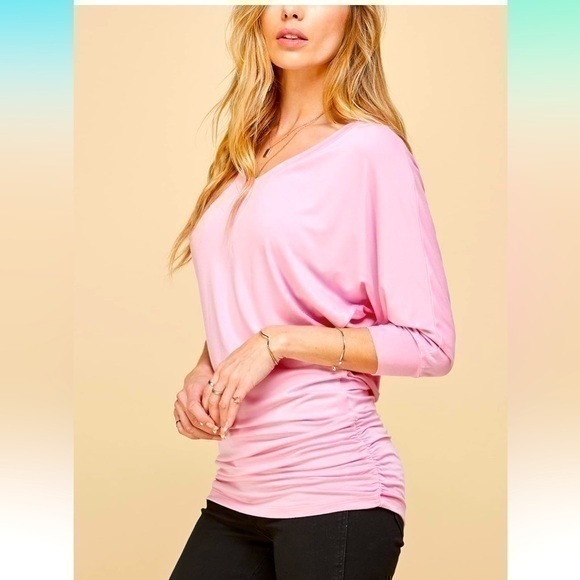 NWT Ruched Pink 3/4 Sleeve V-Neck Draped Dolman Top, Great Feeling Material!  M - Picture 1 of 7